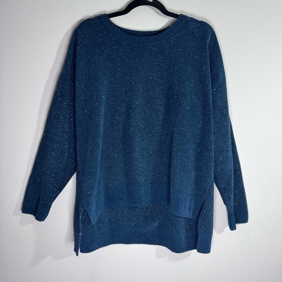 Eileen Fisher 100% Organic Cotton Bouclé Knit Sweater 1X Blue Italian Yarn